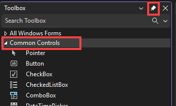 Screenshot, der das Anheften-Symbol zeigt, um das Werkzeugkastenfenster an die IDE zu heften.