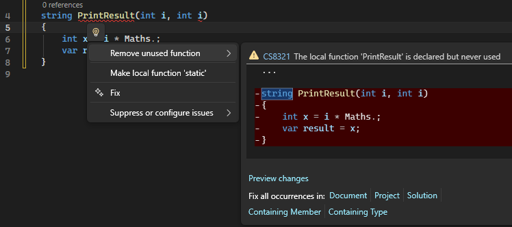 Screenshot der Quick Action-Empfehlungsdetails mit dem Glühbirnensymbol in Visual Studio.