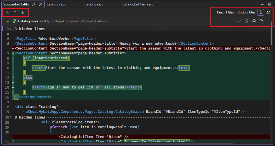 Screenshot der Zusammenfassungsansicht des Multi-Datei-Diffs mit mehreren Dateien, Inline-Diffs und Steuerelementen zum Annehmen und Rückgängigmachen.