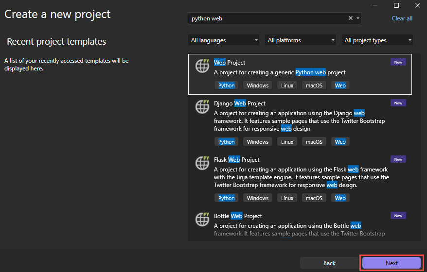 Screenshot, der zeigt, wie Sie ein neues Python-Webprojekt in Visual Studio erstellen.