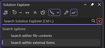 Screenshot der Suchleiste des Projektmappen-Explorers und der Suchoptionen in Visual Studio.
