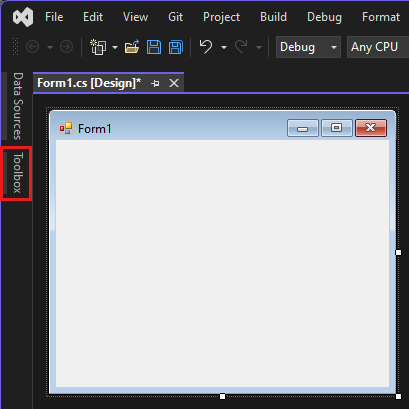Screenshot, der zeigt, wie Sie die Toolbox auswählen, um das Toolboxfenster zu öffnen.