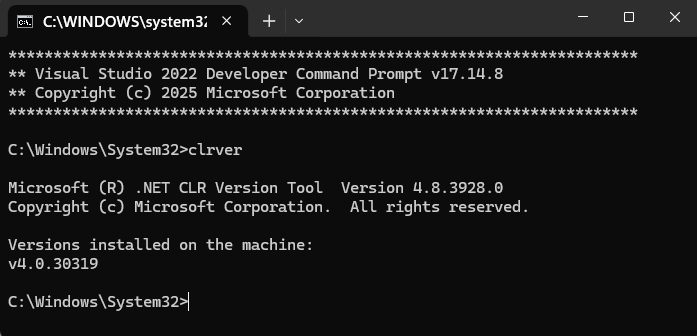 Screenshot der Entwickler-Eingabeaufforderung für Visual Studio.