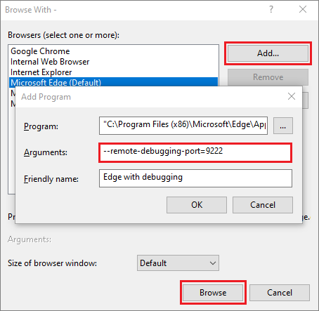 Screenshot der Einstellung der Browseroptionen für das Öffnen mit aktivierter Debugoption.