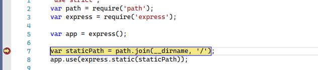 Screenshot des Visual Studio Code-Fensters mit JavaScript-Code. Ein roter Punkt im linken Randbereich mit gelbem Pfeil zeigt den Stopp der Code-Ausführung an.