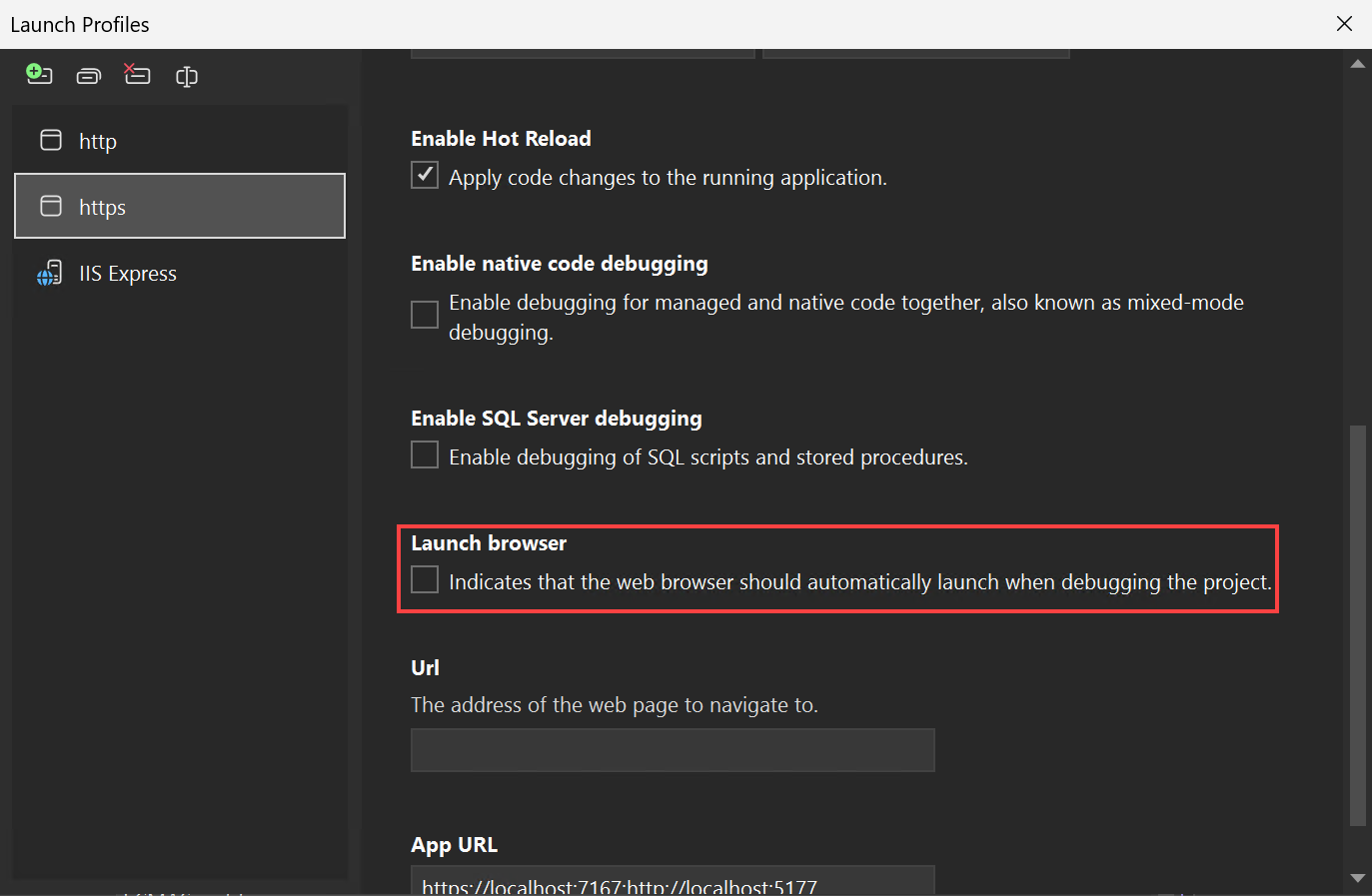 Screenshot mit der UI für Debug-Startprofile.