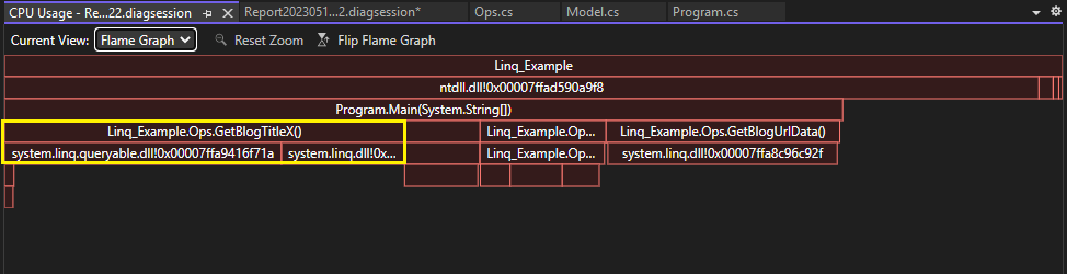 Screenshot der verbesserten CPU-Auslastung in der Flame Graph-Ansicht des Tools für die CPU-Auslastung.