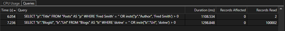 Screenshot der schnelleren Abfragezeit im Datenbanktool.