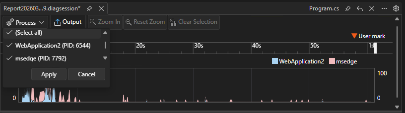 Screenshot, das den Mehrprozess-Filter zeigt.