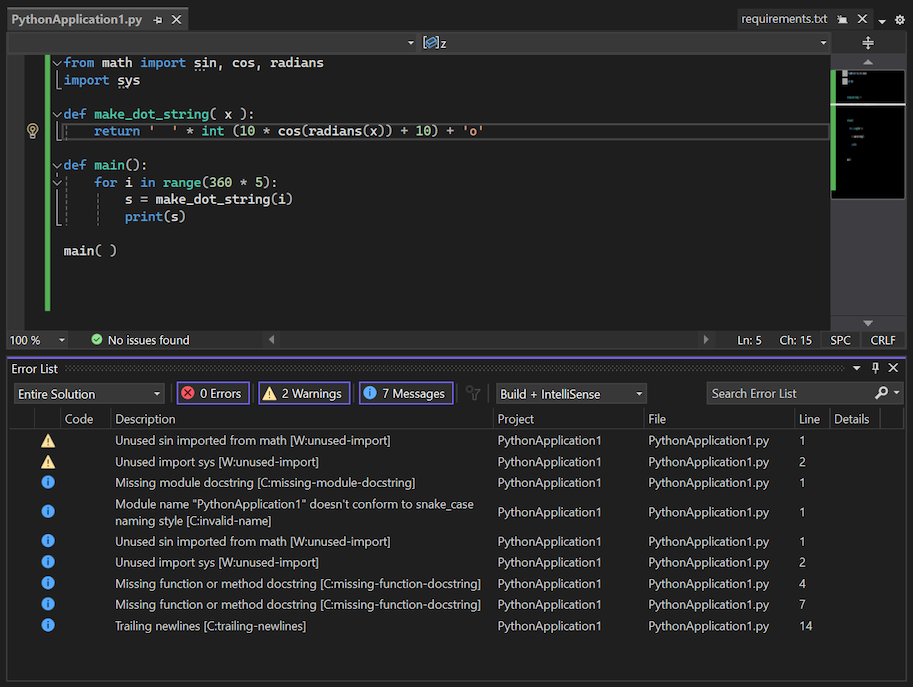 Screenshot der Liste der Pylint-Fehler und Warnungen für die Codedatei in Visual Studio.