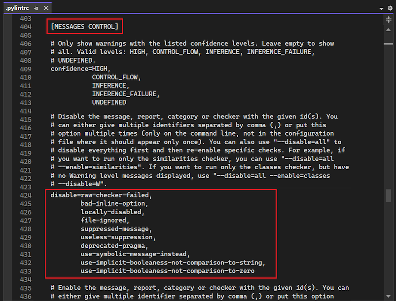 Screenshot der Deaktivierungseinstellung im Abschnitt NACHRICHTENSTEUERUNG der Pylintrc-Datei in Visual Studio.