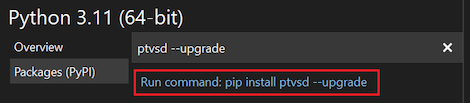 Screenshot, der zeigt, wie Sie den Befehl ptvsd-Upgrade im Fenster Python-Umgebungen auswählen.