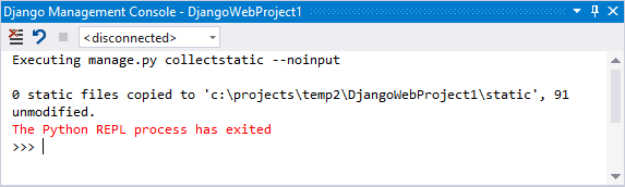 Screenshot, der das Ergebnis des Befehls Collect Static in Visual Studio zeigt.