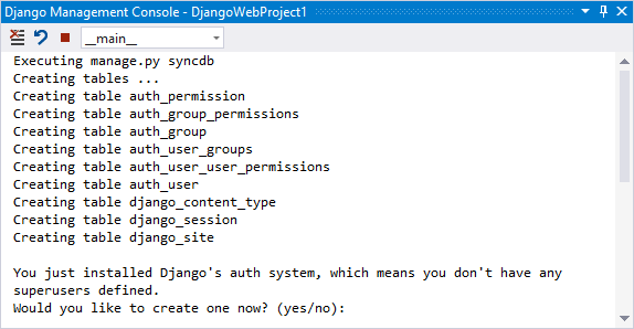 Screenshot, der das Ergebnis des Befehls Django Sync DB in Visual Studio zeigt.