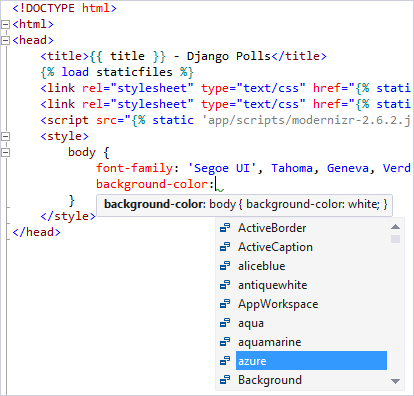 Screenshot der IntelliSense-Unterstützung für CSS, das in der Django-Entwicklung in Visual Studio verwendet wird.