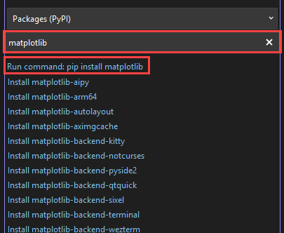Screenshot, der zeigt, wie Sie die Matplotlib-Bibliothek für die ausgewählte Umgebung im Python-Umgebungsfenster in Visual Studio installieren.