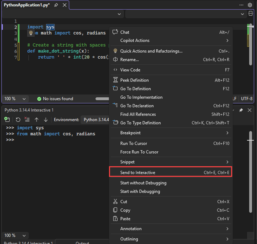 Screenshot, der zeigt, wie Code für den Import und von Anweisungen an das interaktive Fenster in Visual Studio gesendet wird.