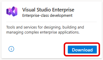 Screenshot der Visual Studio Enterprise-Kachel und der zugehörigen Schaltfläche 