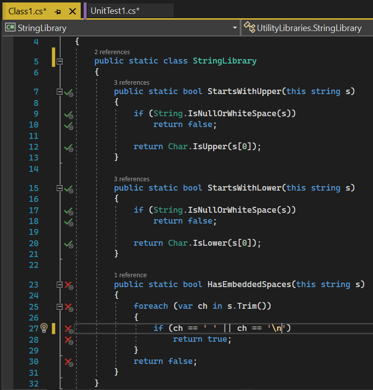 Screenshot der Codeabdeckung in Visual Studio mit Timersymbol.