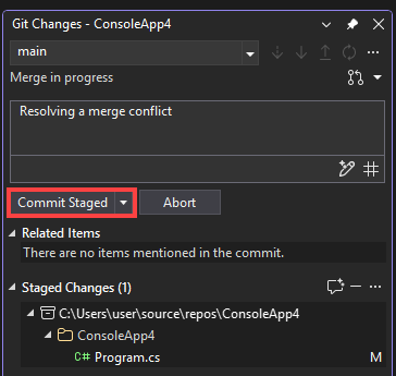 Screenshot, der zeigt, wie Sie einen Zusammenführungs-Commit mithilfe des Git-Fensters 
