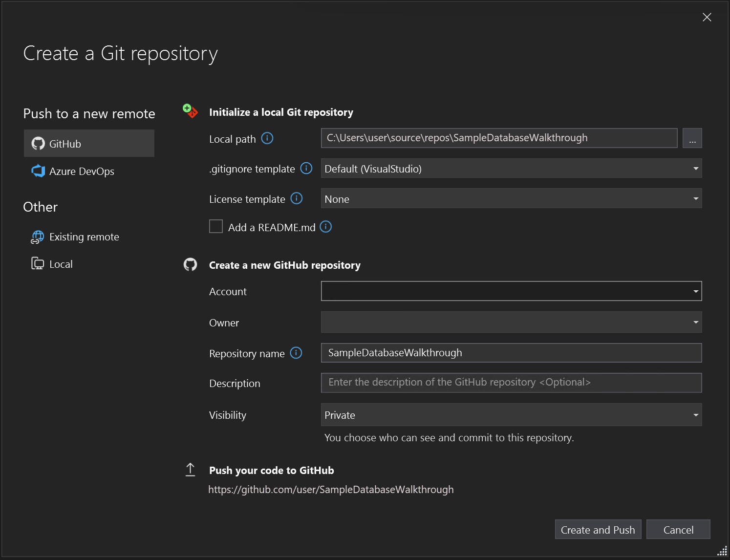 Screenshot: Dialogfeld „Git-Repository erstellen“ in Visual Studio mit hervorgehobener Auswahl von GitHub