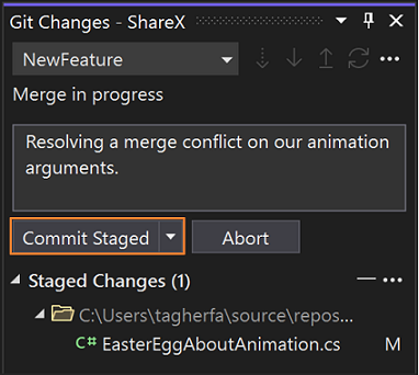 Screenshot zum Erstellen eines Zusammenführungs-Commits mithilfe des Git-Fensters 