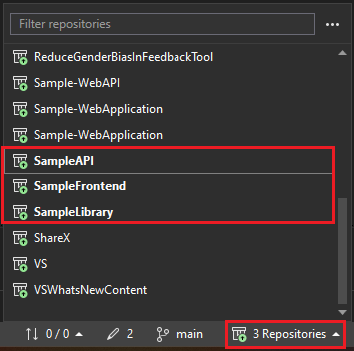 Screenshot, der zeigt, wie Sie mehrere Repositorys aus einem Ordner in Visual Studio aktivieren können.