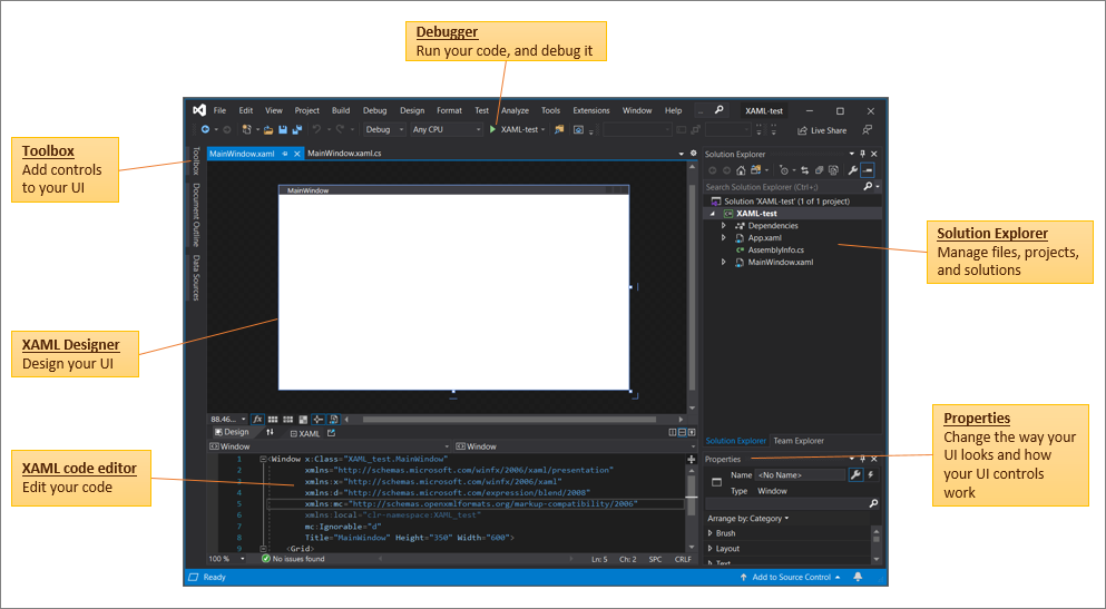 Die Visual Studio 2019-IDE mit einem geöffneten WPF-Projekt in XAML-