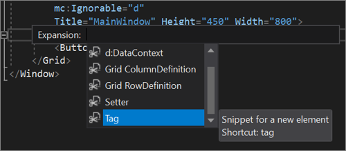Der XAML-Code-Editor mit XAML-Codeausschnittoptionen, die in IntelliSense angezeigt werden.