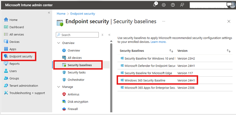 Screenshot: Anzeigen von Sicherheitsbaselines