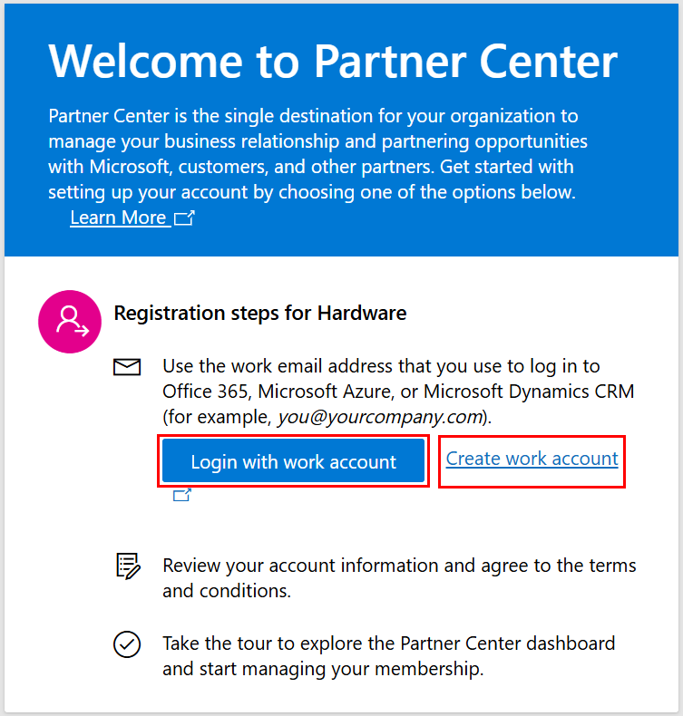 Screenshot der Microsoft Partner Center-Seite für den Registrierungsprozess des Hardwareentwicklerprogramms. Die Schaltfläche **Mit Geschäftskonto anmelden** ist ausgewählt.