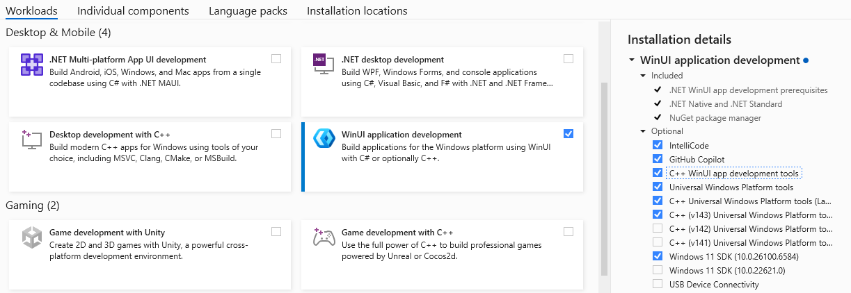 Ein Screenshot der Visual Studio Installationsoberfläche mit der ausgewählten Arbeitslast für WinUI-Anwendungsentwicklung.