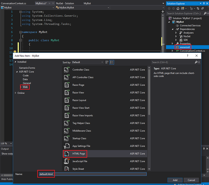 Screenshot, der die Erstellung einer neuen H TML-Seite innerhalb des Projektmappen-Explorer Fensters zeigt.