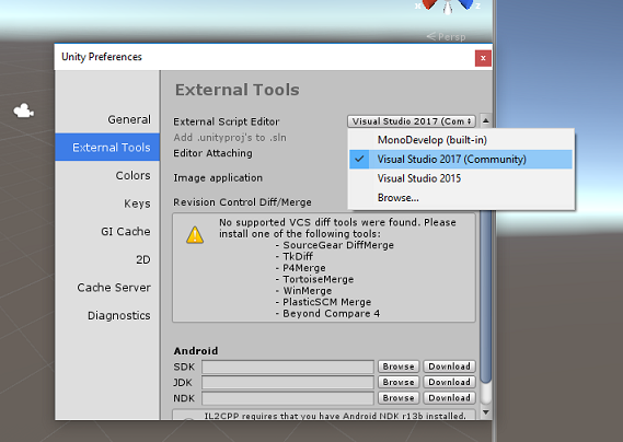 Screenshot des Menüs des externen Skript-Editors. Visual Studio 2017 ist ausgewählt.