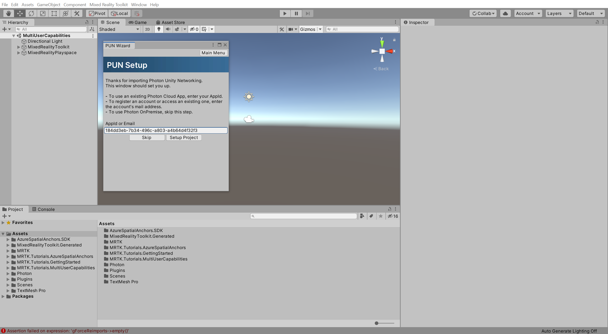 Unity PUN-Setupfenster mit ausgefüllter AppId