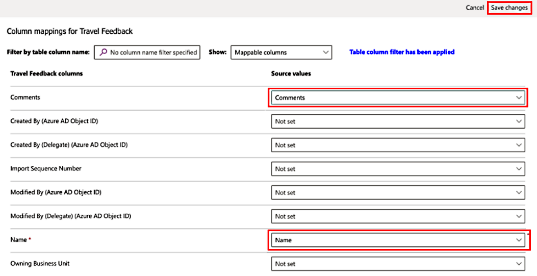Column mappings to Travel Feedback table Screenshot of column mappings to Travel Feedback table.