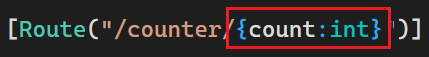 Route template pattern of a route attribute for the counter value shows syntax highlighting