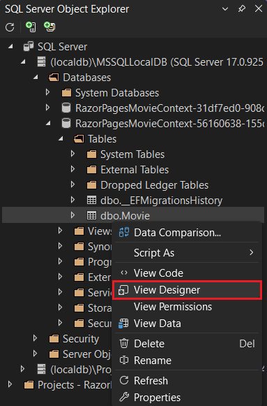 Contextual menus open on Movie table.