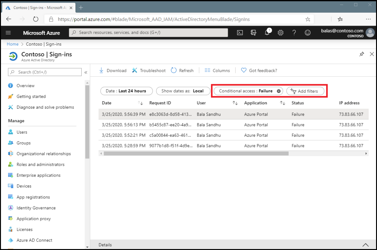 Screenshot showing selecting the Conditional Access filter in the sign-in log.