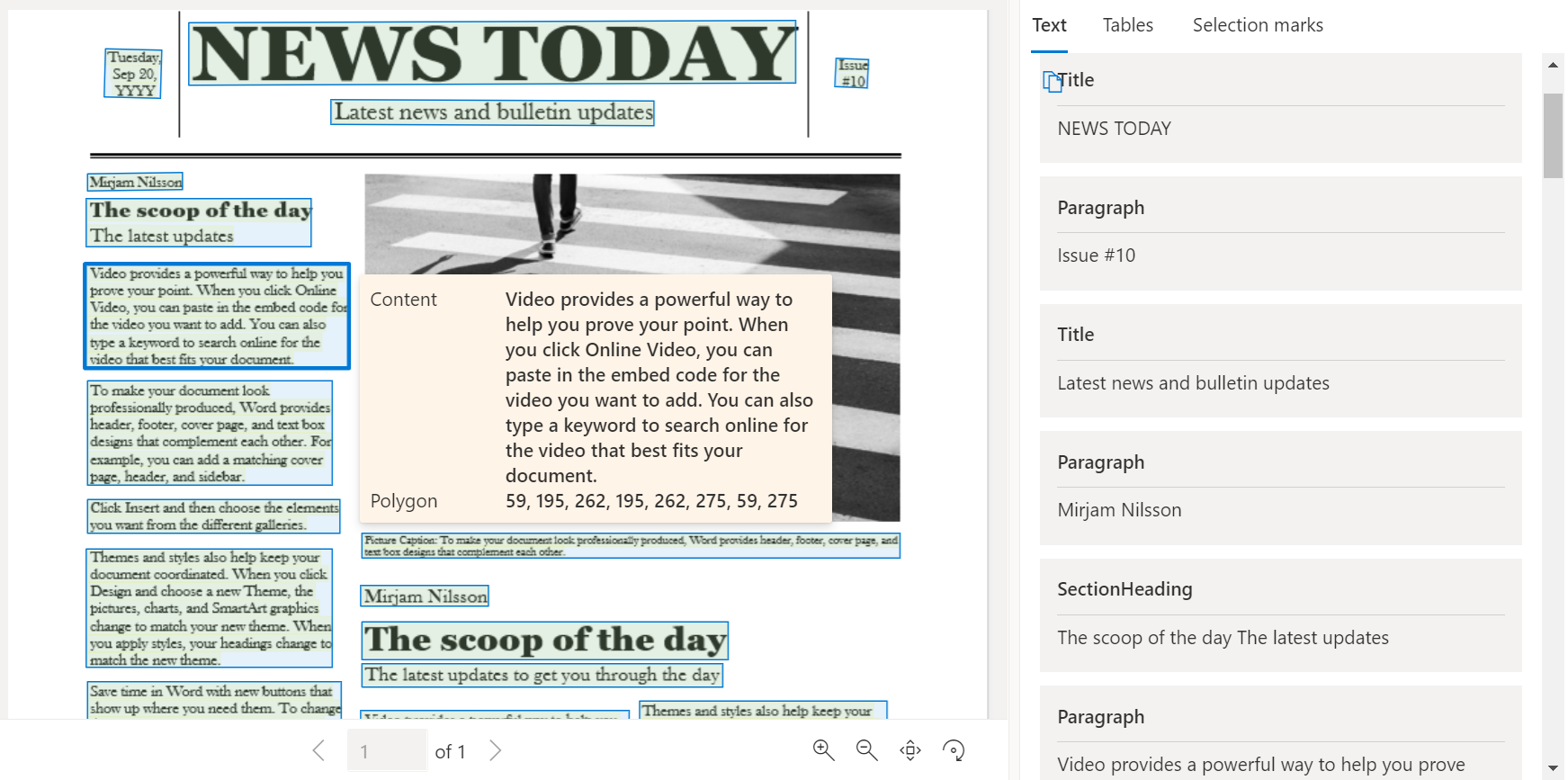 Screenshot that shows a sample newspaper page processed by using Document Intelligence Studio.