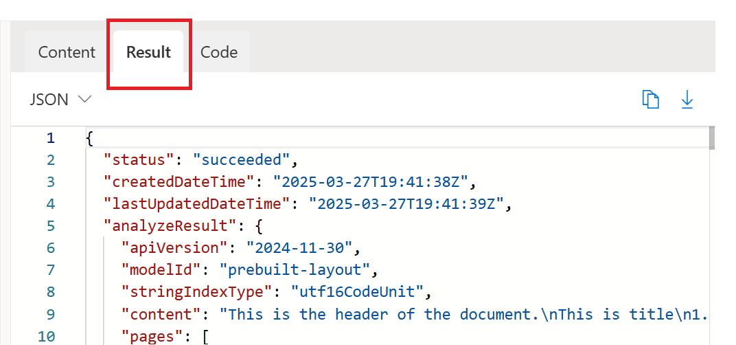 Screenshot that shows results on the JSON output tab in Document Intelligence Studio.
