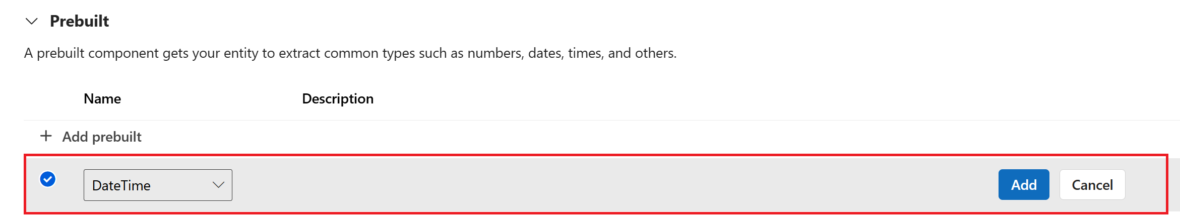 Screenshot of the Add Prebuilt components section.