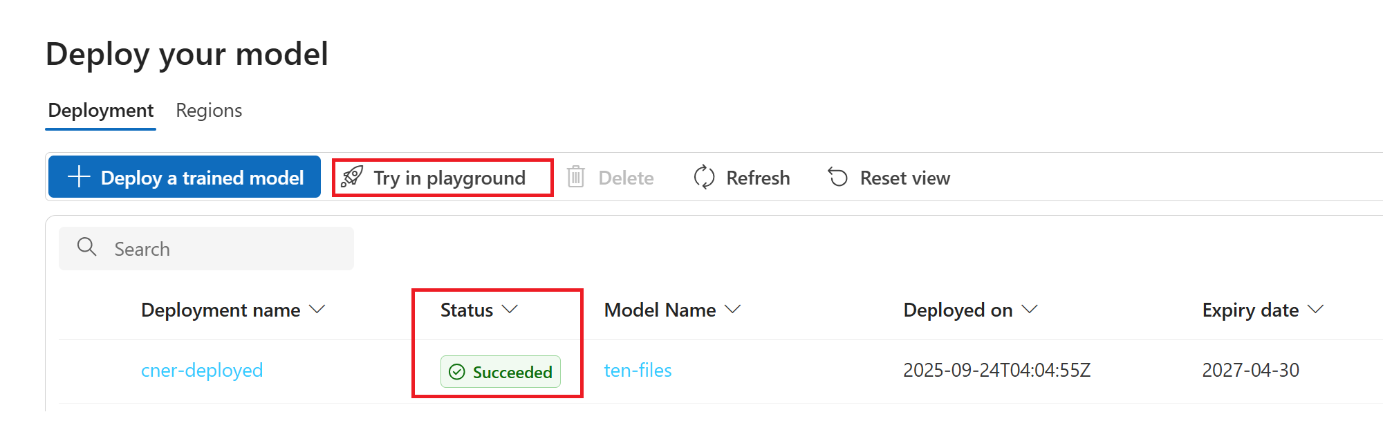 Screenshot of the deploy your model status window in Foundry.
