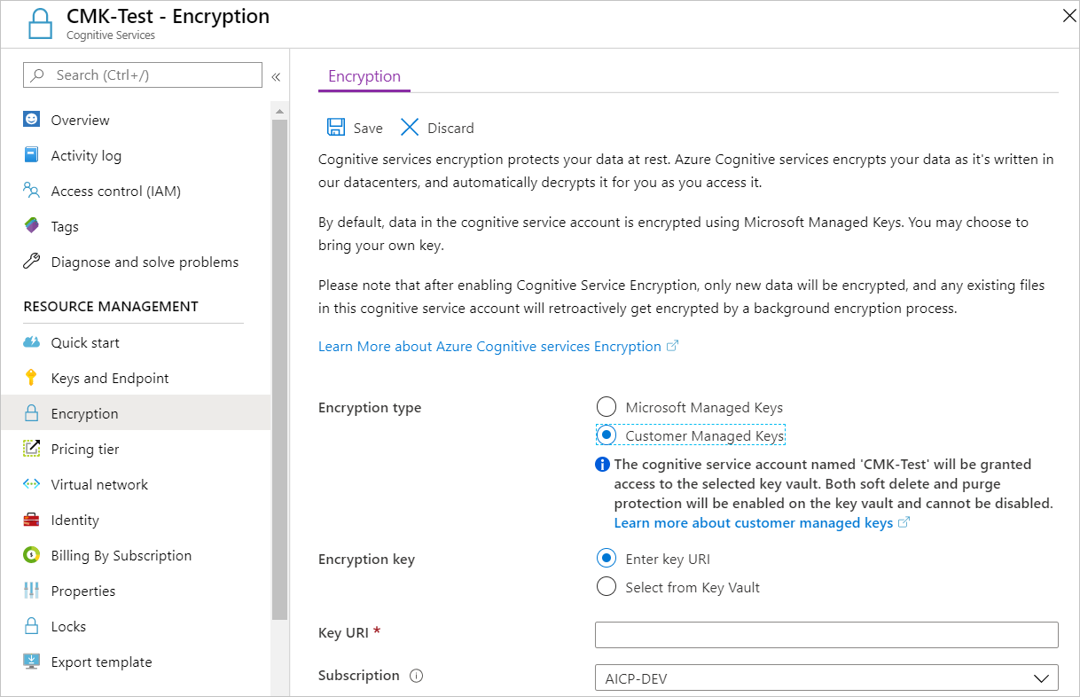 Screenshot of the Encryption settings page for a Foundry resource. Under Encryption type, the Customer Managed Keys option is selected.