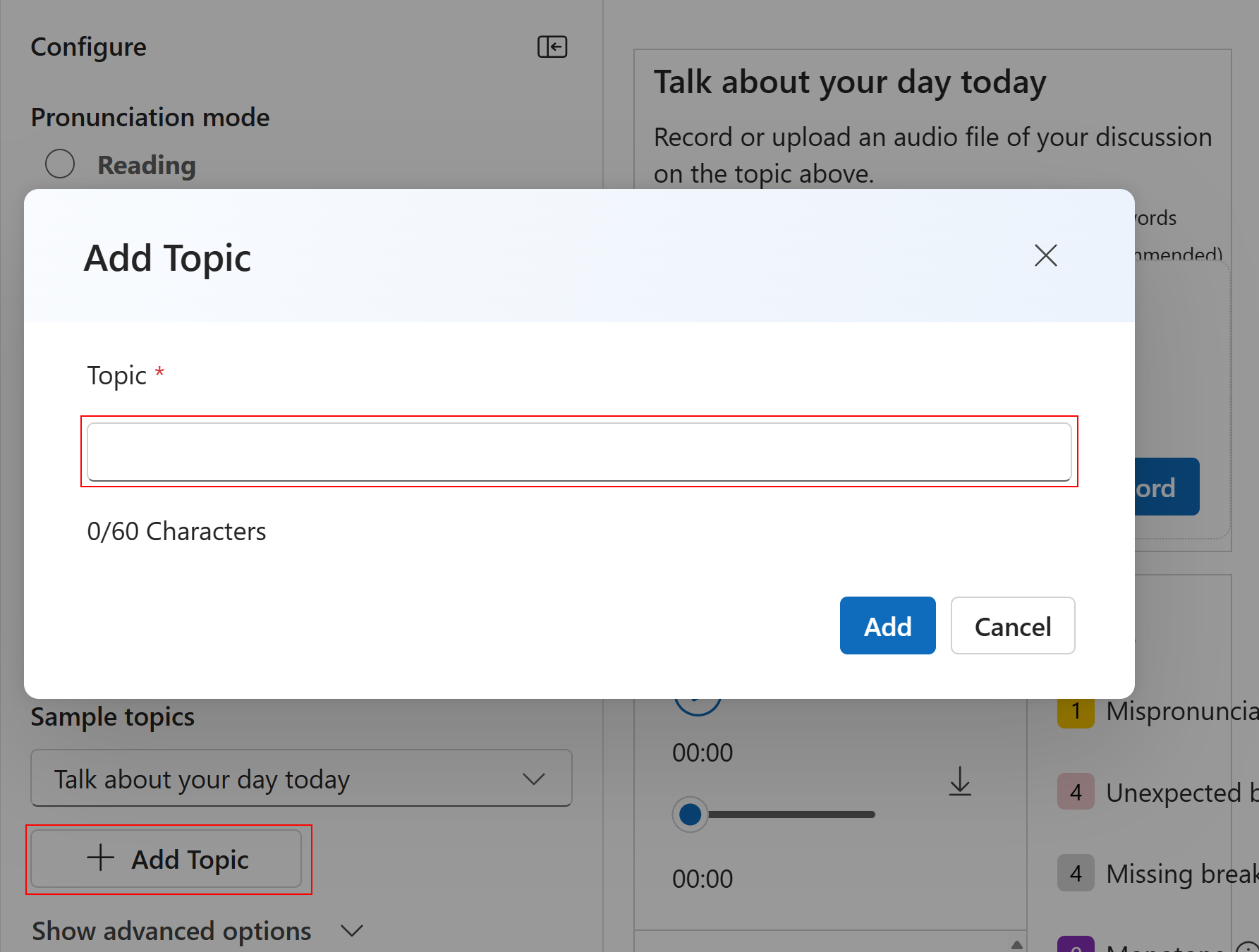 Screenshot of inputting a topic on speaking tab to assess your ability to speak on a given subject without a predefined script.