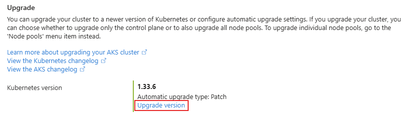 Screenshot of the Upgrade version option in the Azure portal.