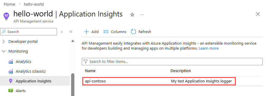 Screenshot that shows where to view the newly created Application Insights logger.