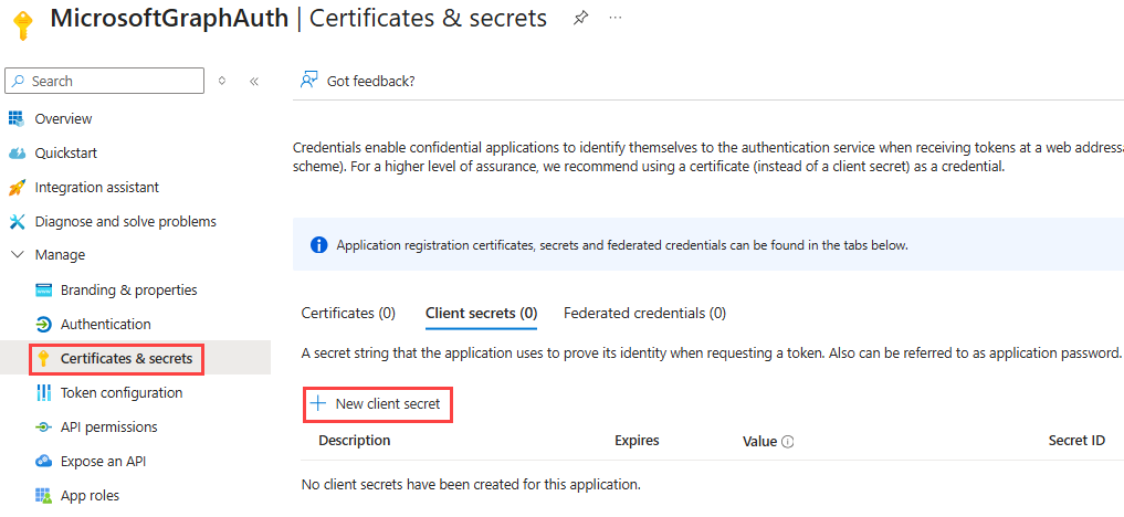 Screenshot of creating an app secret in the portal.