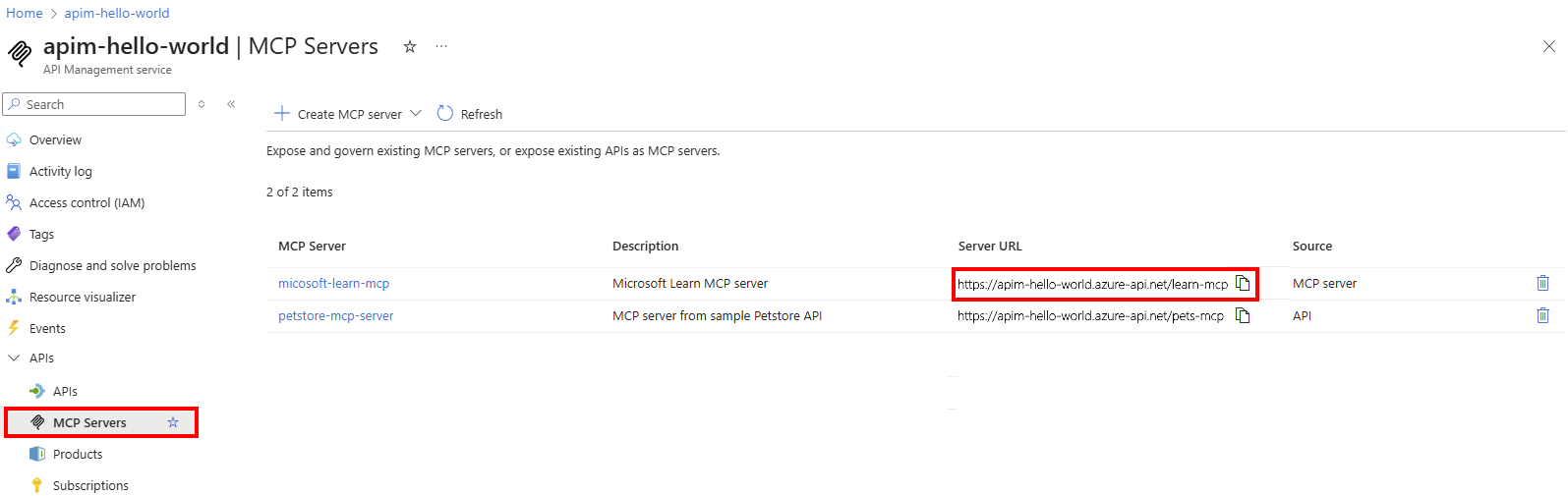 Screenshot of the MCP server list in the portal.