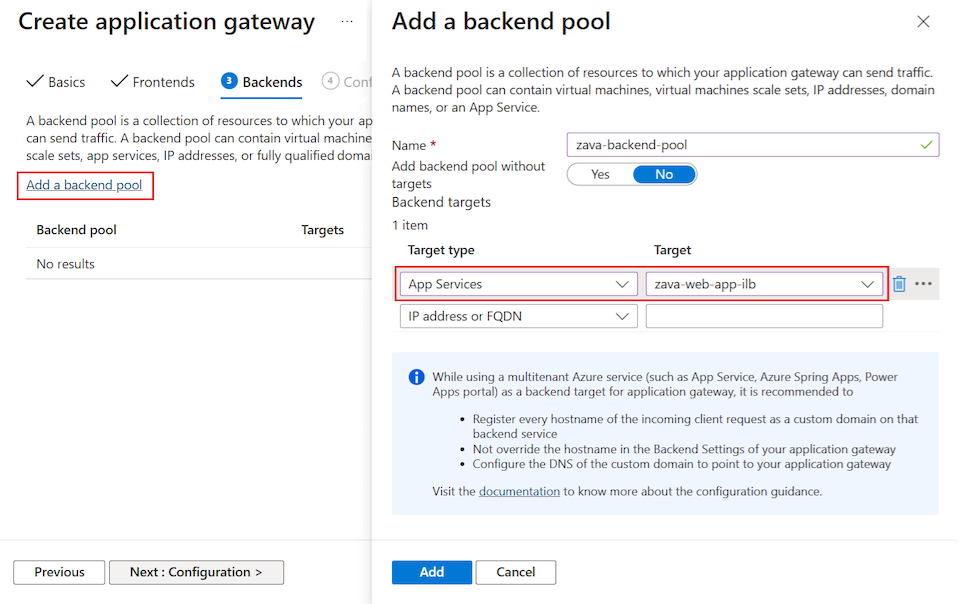 Screenshot that shows how to add a backend pool for the application gateway in the Azure portal.